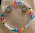 Stud Flower Cabochon Earrings & Bracelet – White Beads Multicolor Pastel Pearl Stretch Jewelry, Interchangeable Floral Charm Handmade Gift for kids, girls & women - SublimeDesignsBySuzie