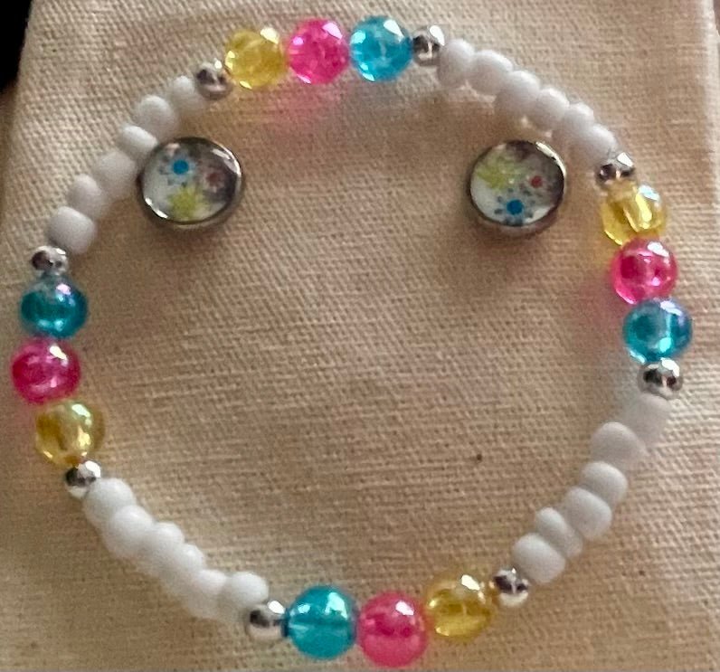 Stud Flower Cabochon Earrings & Bracelet – White Beads Multicolor Pastel Pearl Stretch Jewelry, Interchangeable Floral Charm Handmade Gift for kids, girls & women - SublimeDesignsBySuzie