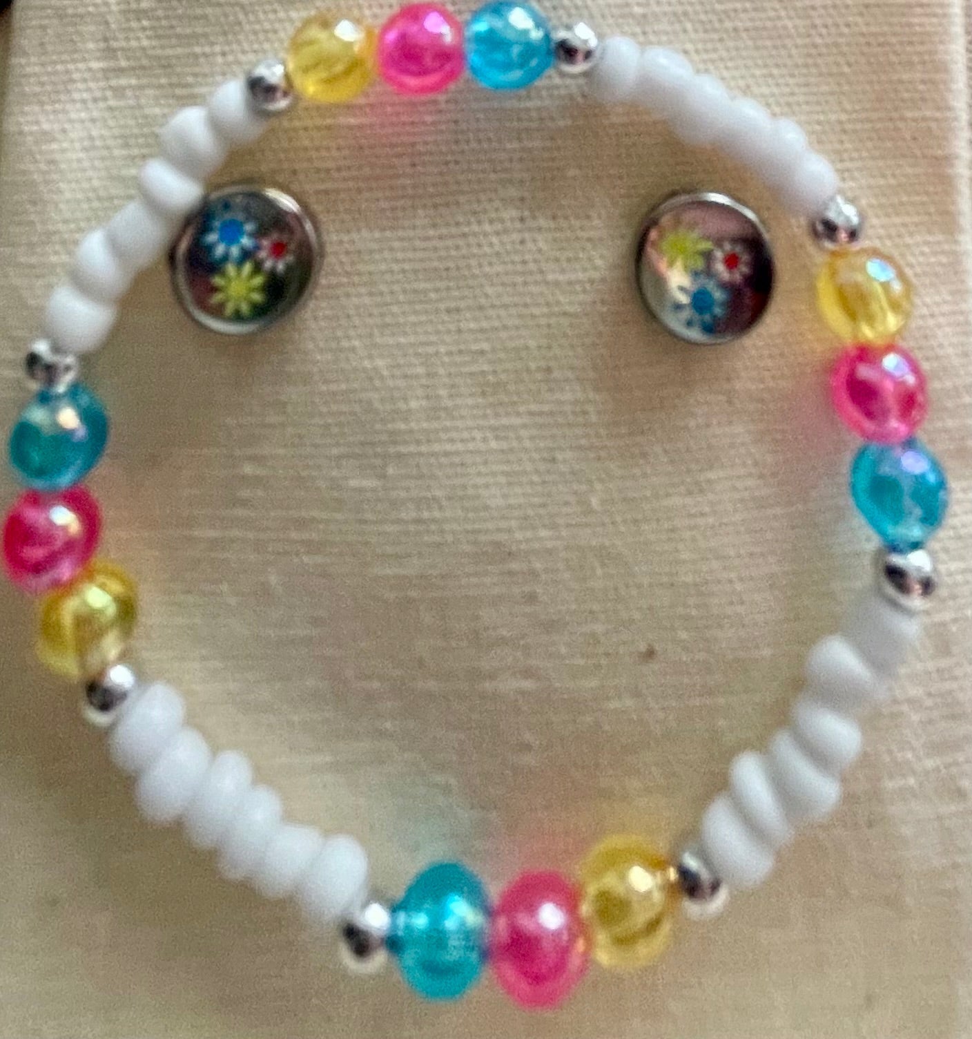 Stud Flower Cabochon Earrings & Bracelet – White Beads Multicolor Pastel Pearl Stretch Jewelry, Interchangeable Floral Charm Handmade Gift for kids, girls & women - SublimeDesignsBySuzie