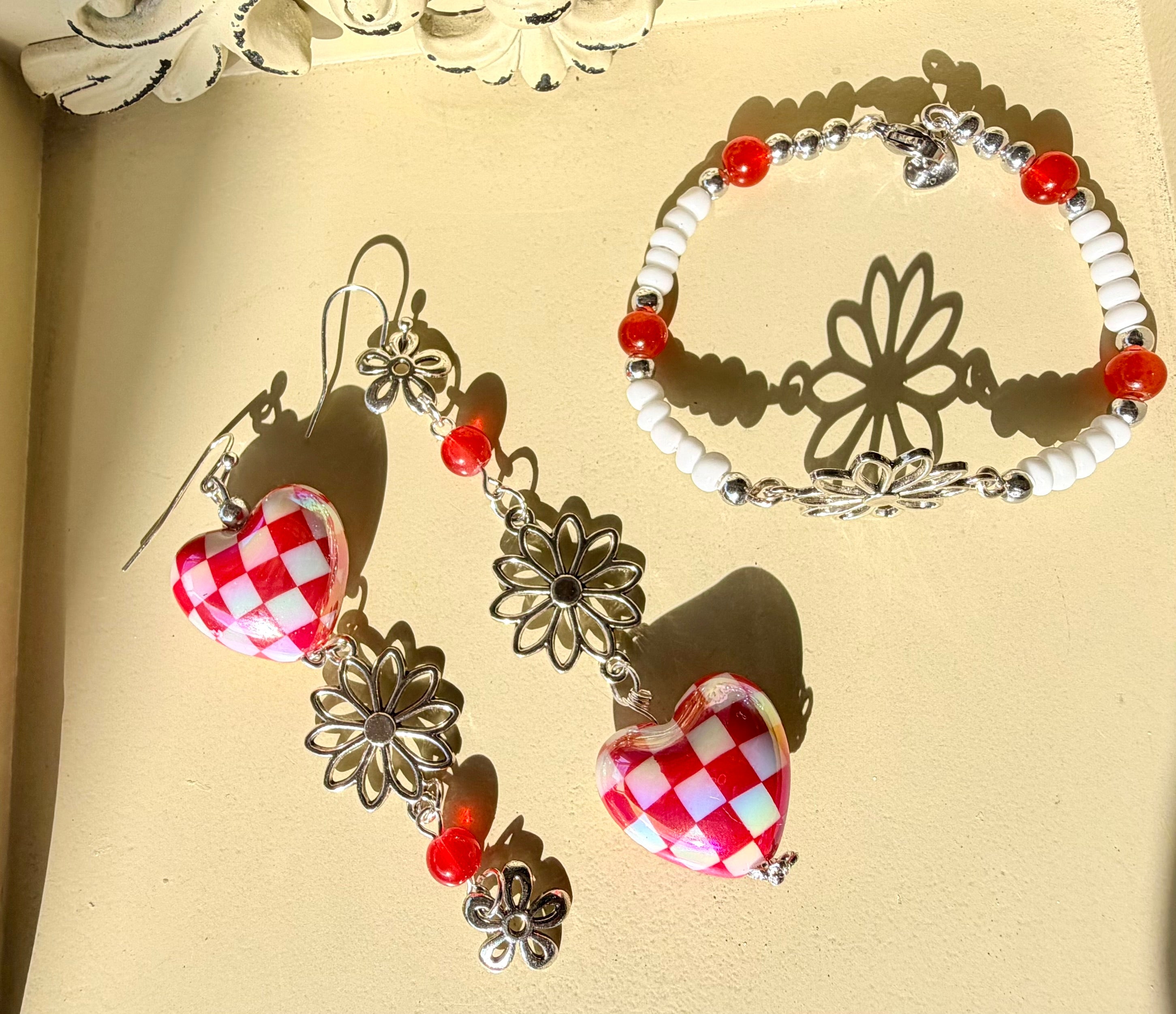 Sweetheart Checkered Bloom Jewelry Set – Red & White Checkered Heart Earrings & Beaded Bracelet - SublimeDesignsBySuzie