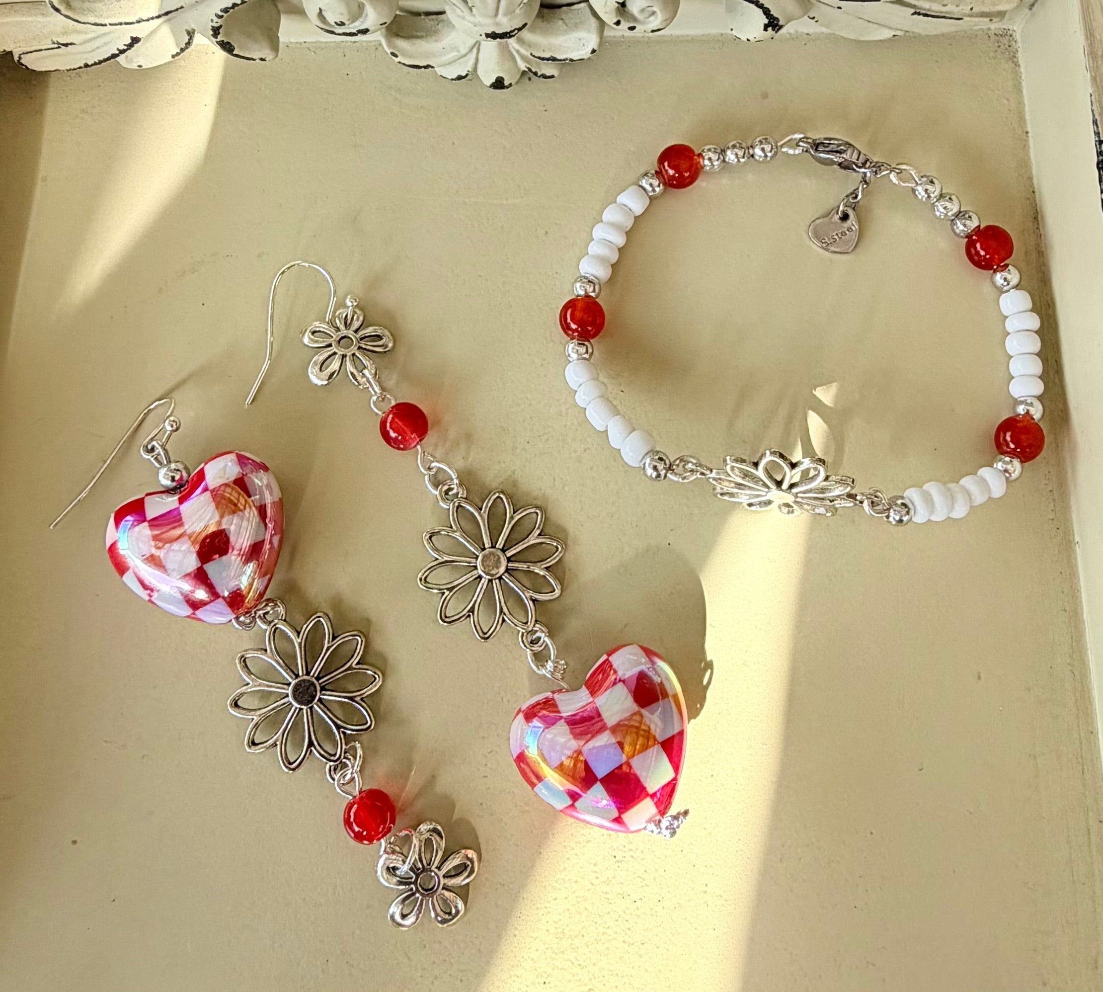Sweetheart Checkered Bloom Jewelry Set – Red & White Checkered Heart Earrings & Beaded Bracelet - SublimeDesignsBySuzie