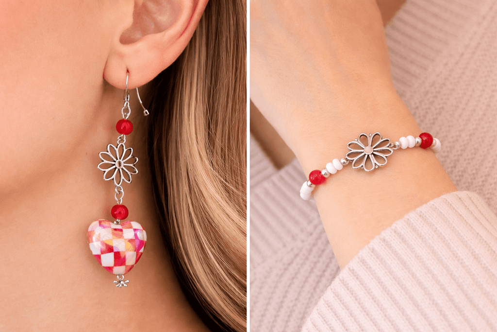 Sweetheart Checkered Bloom Jewelry Set – Red & White Checkered Heart Earrings & Beaded Bracelet - SublimeDesignsBySuzie
