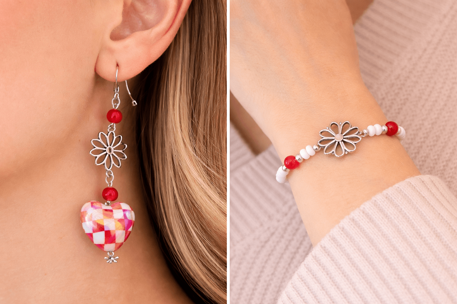 Sweetheart Checkered Bloom Jewelry Set – Red & White Checkered Heart Earrings & Beaded Bracelet - SublimeDesignsBySuzie