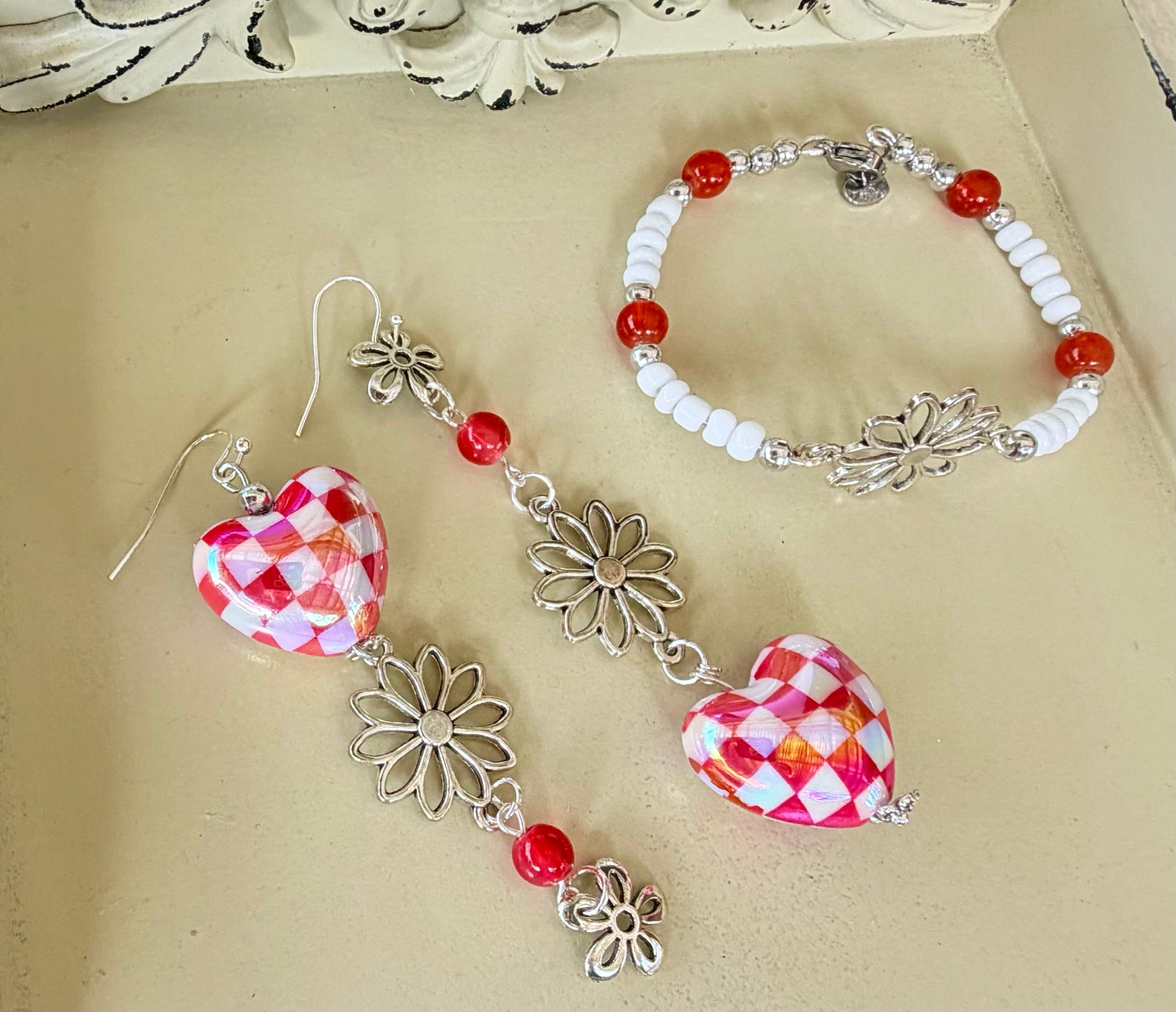 Sweetheart Checkered Bloom Jewelry Set – Red & White Checkered Heart Earrings & Beaded Bracelet - SublimeDesignsBySuzie