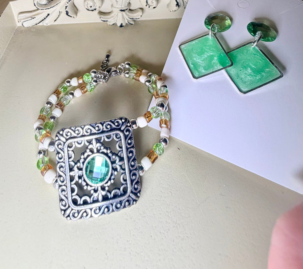 Vintage Style Green Crystal Peridot Geometric Drop Statement Jewelry Set by Suzie with Sublime Designs - SublimeDesignsBySuzie